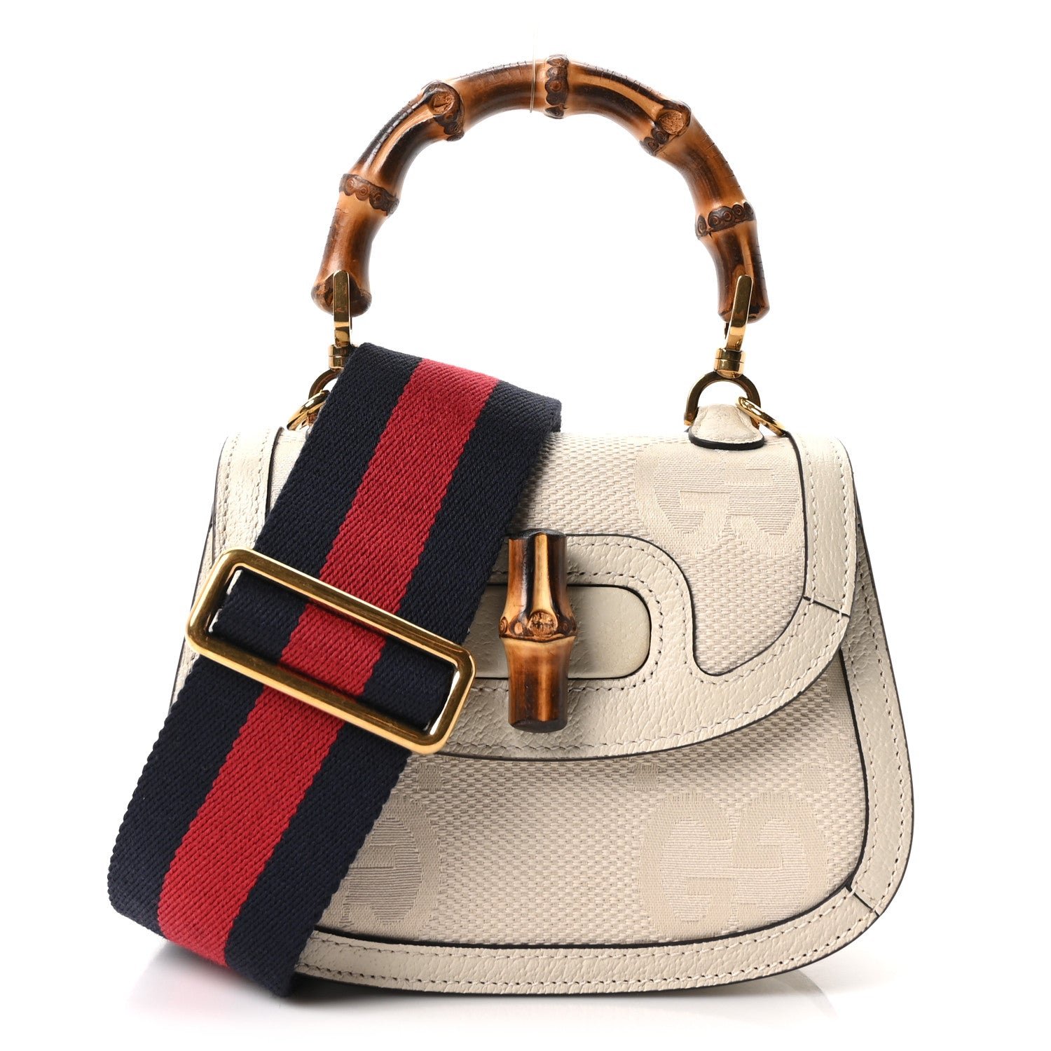 Gucci Monogram Jumbo GG Textured Dollar Calfskin Web Mini Bamboo 1947 Top Handle Bag Off White