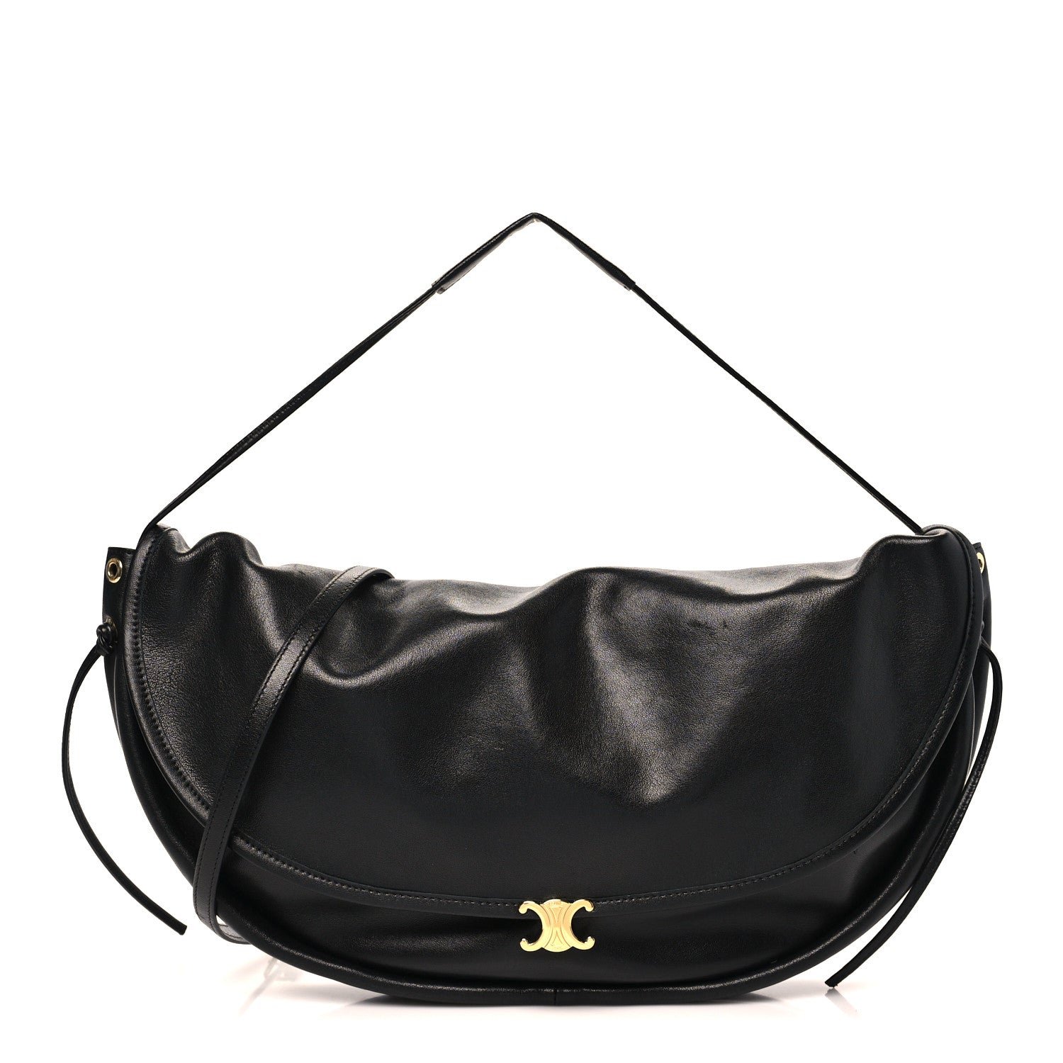 Celine Shiny Lambskin Soft Triomphe Half Moon Bag Black
