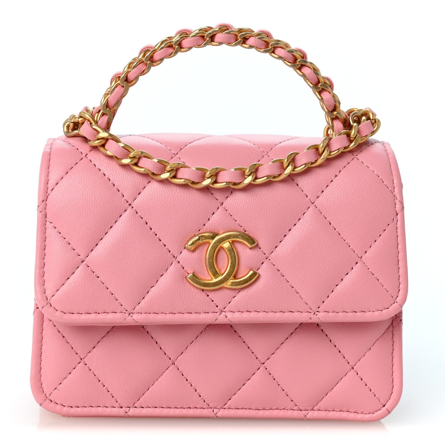 Chanel Lambskin Quilted Chain Top Handle Clutch With Chain Light Pink