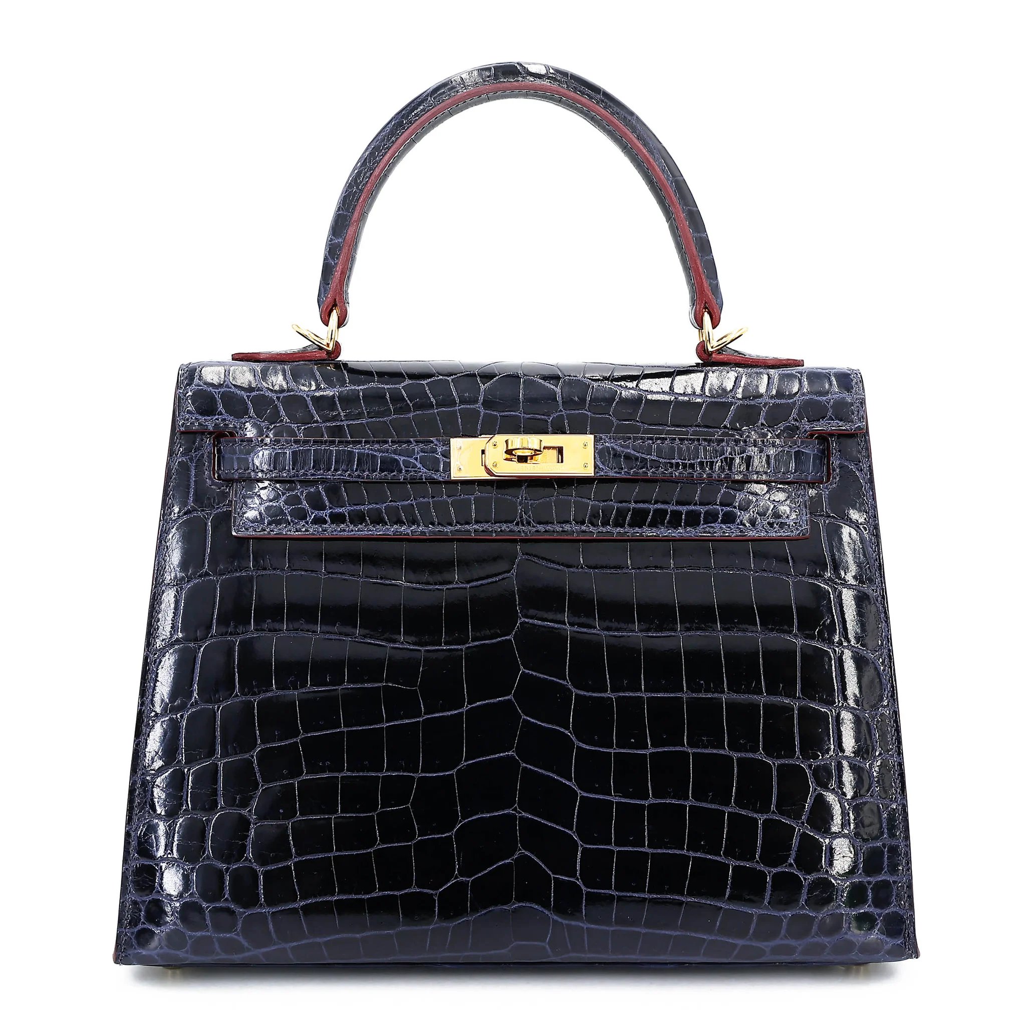 Very Good ( Rank A) HERMÈS Limited Edition Kelly 25 Sellier Navy (7U) Shiny Niloticus Crocodile Gold hardware X (2016)
