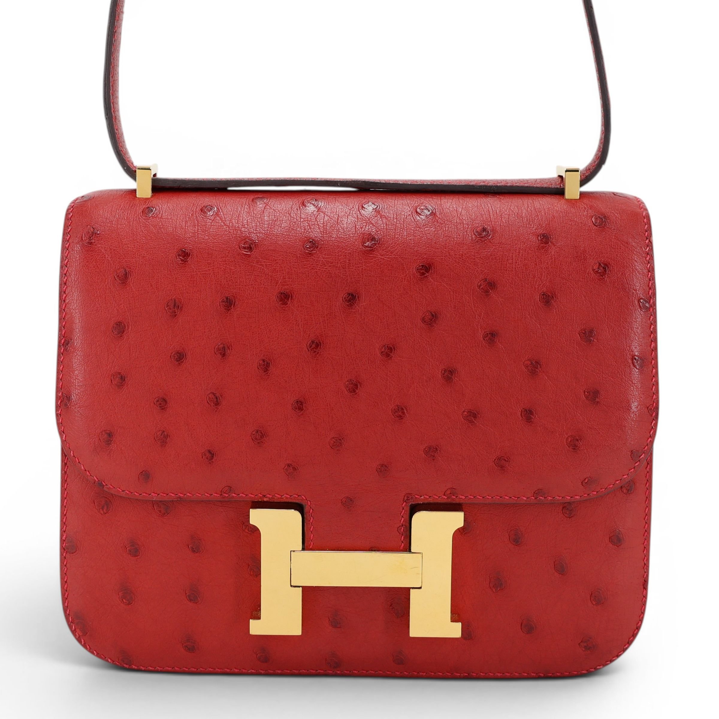 Very Good ( Rank A) HERMÈS Constance Mini Rouge Vif (53) Ostrich Gold hardware A (2017)