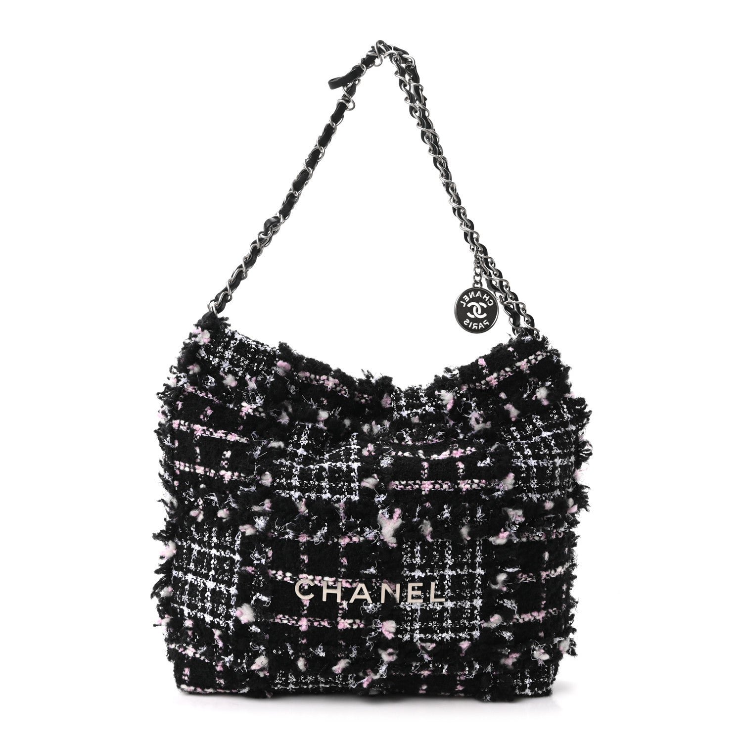 Chanel Tweed Patchwork Quilted Small Chanel 22 Black Pink White