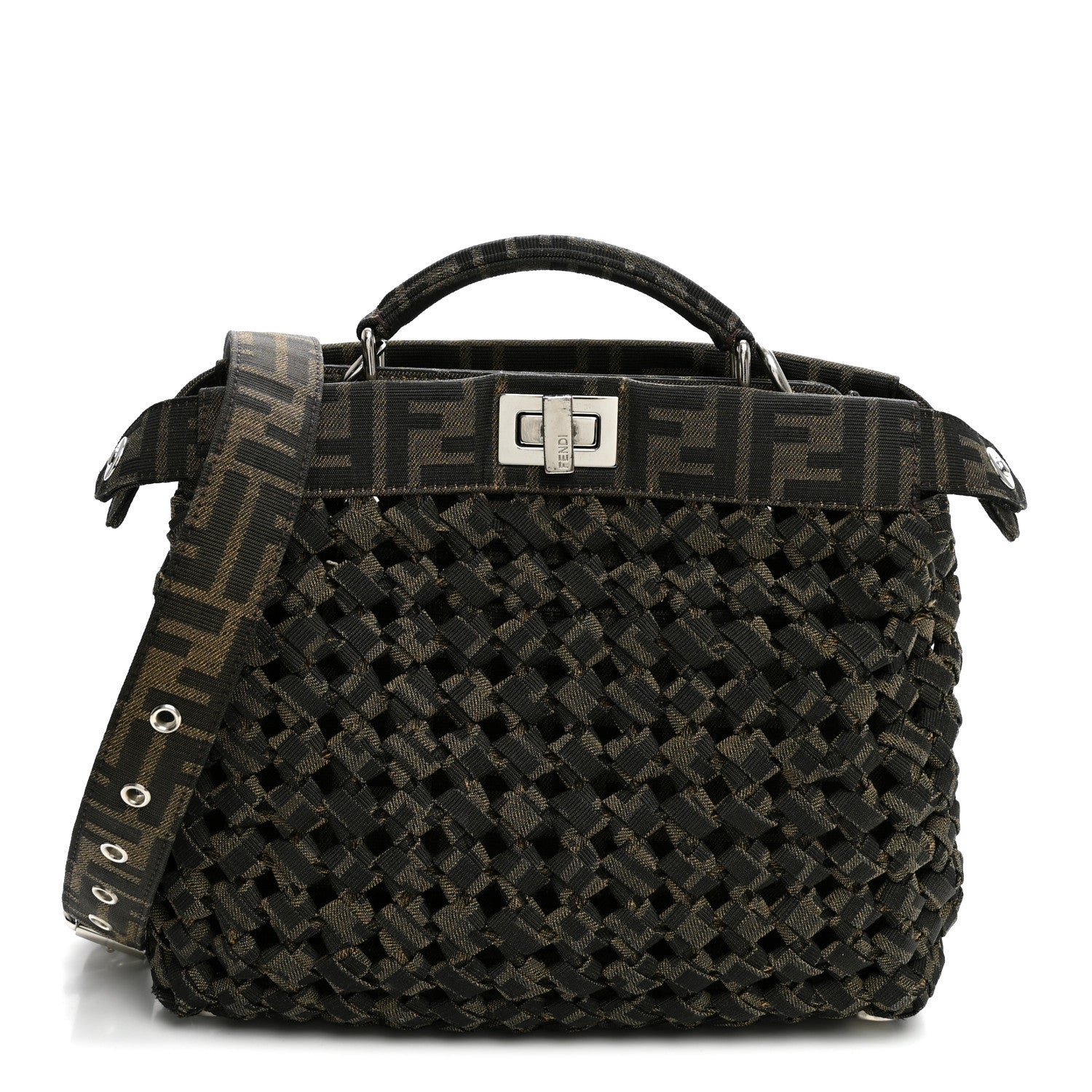 Fendi Fabric Jacquard FF 1974 Woven Knotted Mini Peekaboo I SEE U Satchel Tobacco Moro
