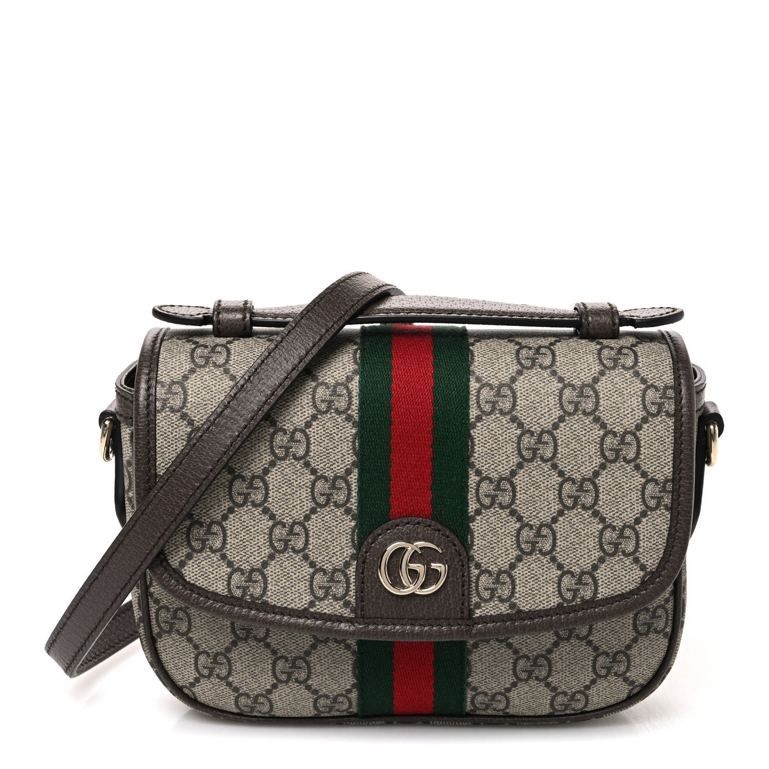 Gucci GG Supreme Monogram Textured Dollar Calfskin Small Ophidia Top Handle Shoulder Bag Beige Brown