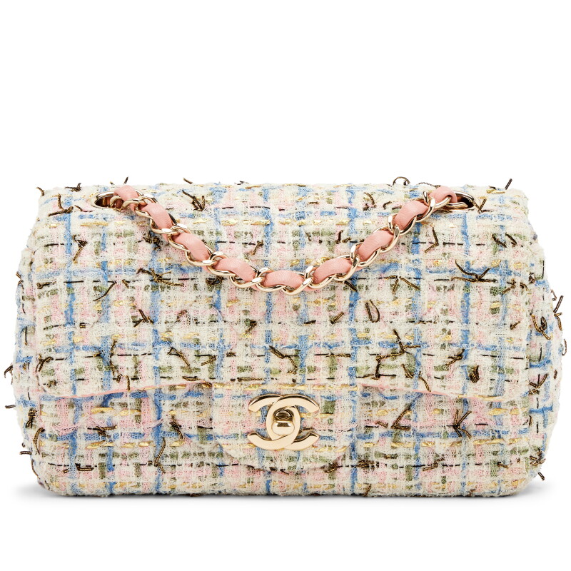 Chanel Pink Quilted Tweed Boucle Mini Rectangle Classic Single Flap Bag Gold Hardware, 2019