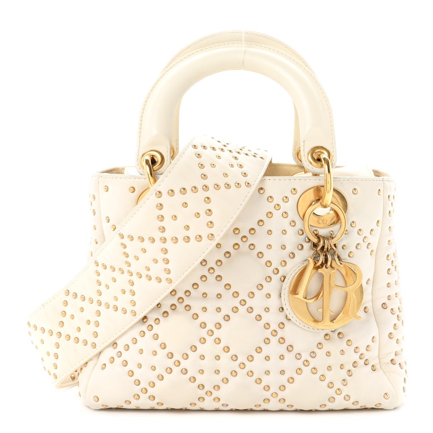 Christian Dior Lambskin Cannage Studded Small Supple Lady Dior White