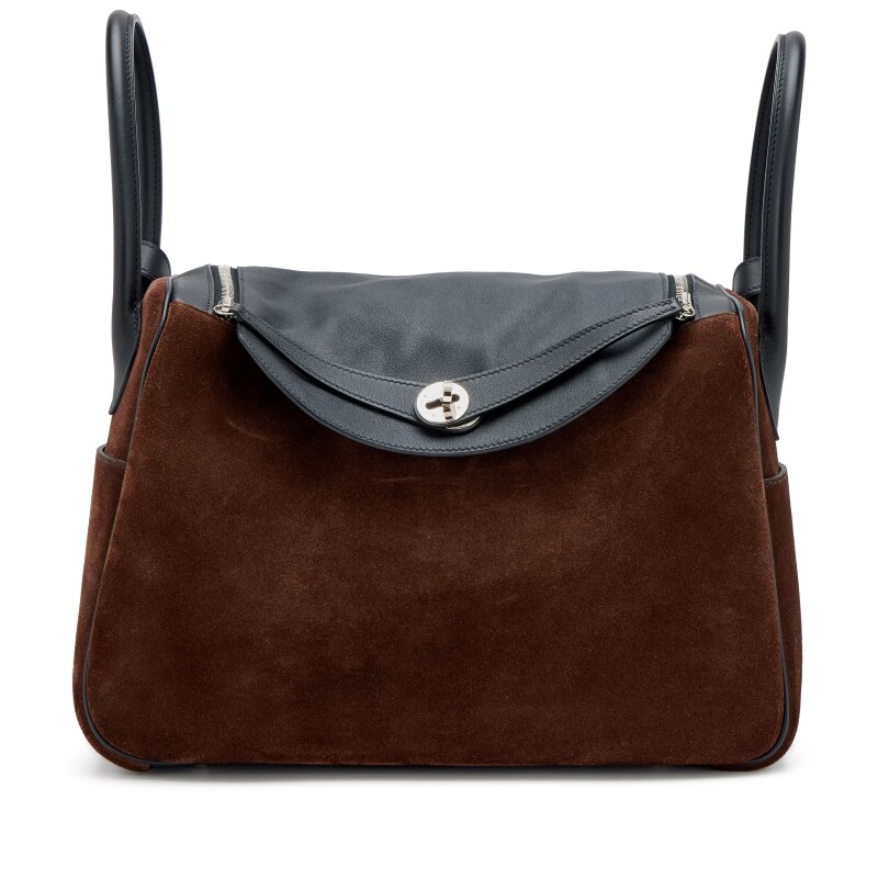 Hermes Black Swift and Marron Fonce Doblis Suede Grizzly Lindy 34 Palladium Hardware, 2015