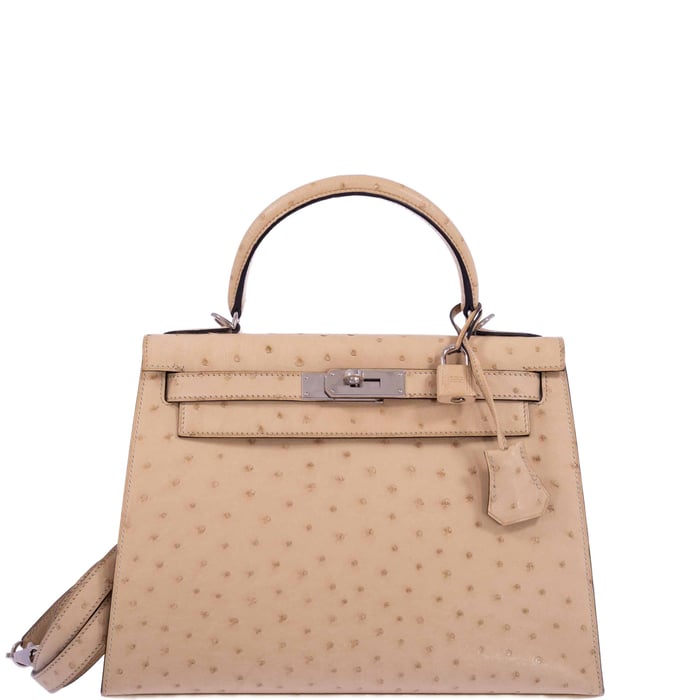 Hermes Hermès Kelly 28 Sellier Parchemin Ostrich Palladium Hardware