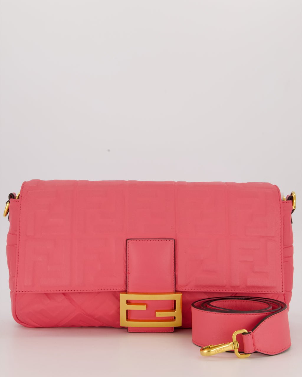 Fendi Pink Baguette Large Shoulder Bag in Embossed Leather with Gold Hardware