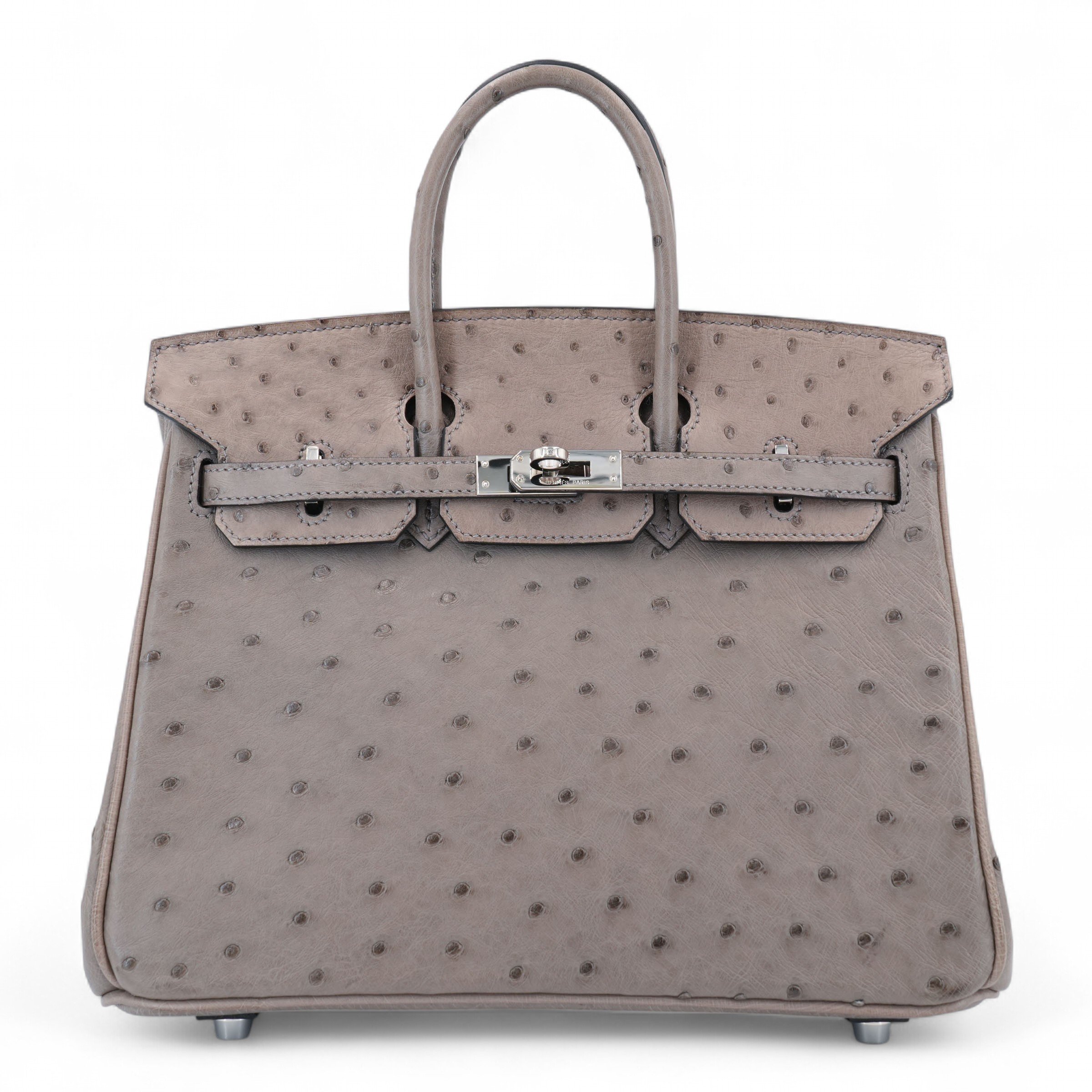 Hermes Very Good ( Rank A) HERMÈS Birkin 25 Gris Tourterelle (81) Ostrich Palladium hardware Square P (2012)