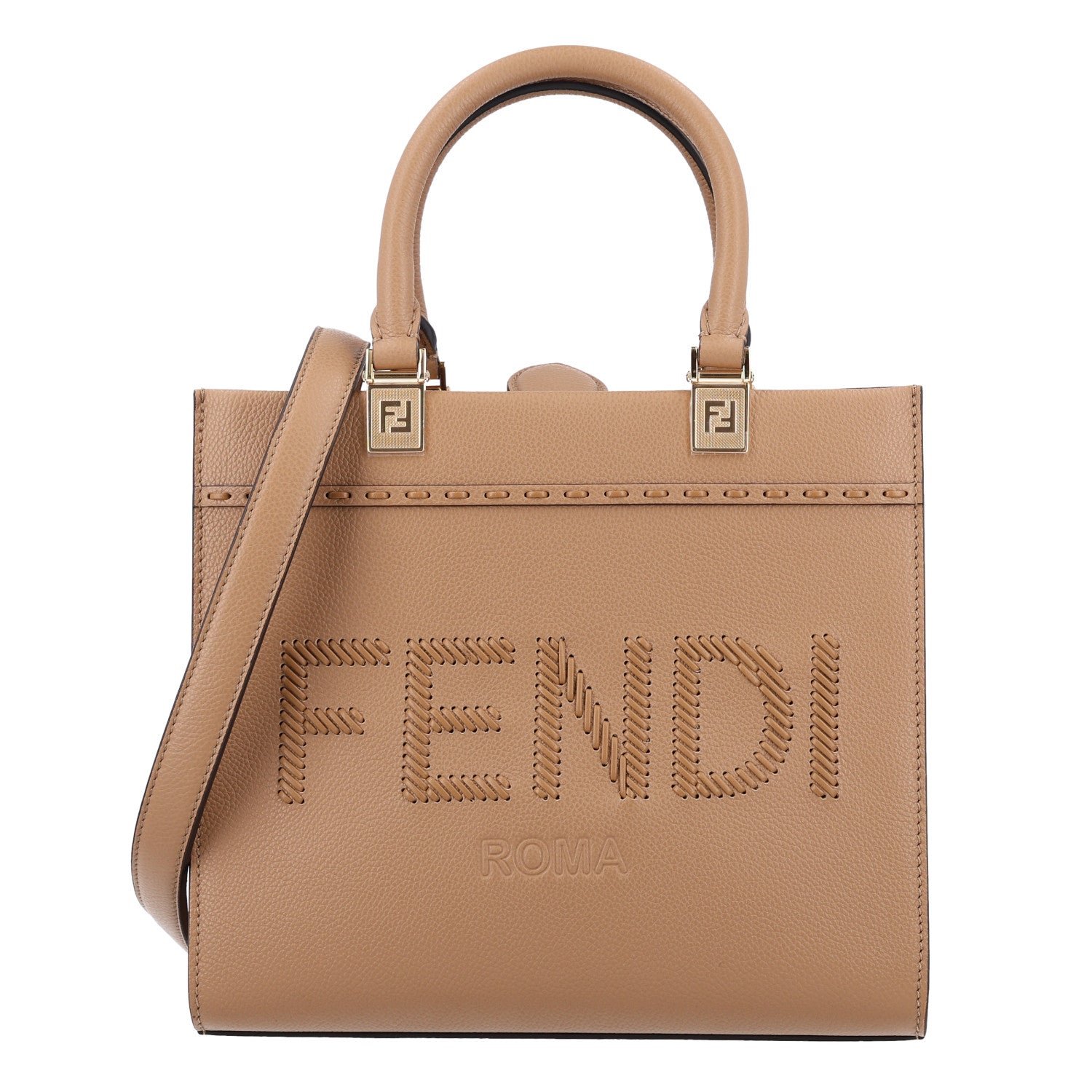 Fendi Fendi Vitello Santa Barbara Woven Logo Small Fendi Sunshine Shopper Tote Cappucino