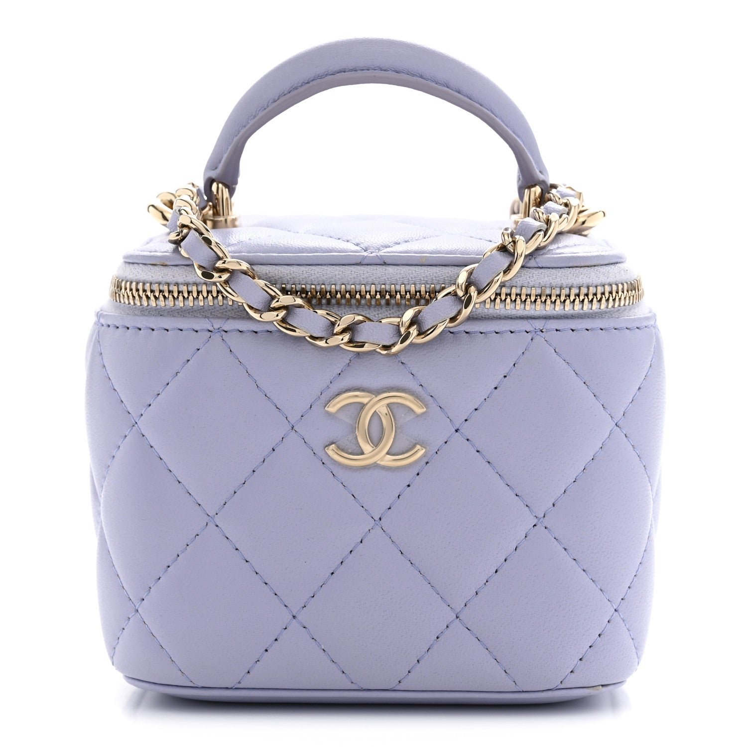 Chanel Lambskin Quilted Top Handle Mini Vanity Case With Chain Light Purple