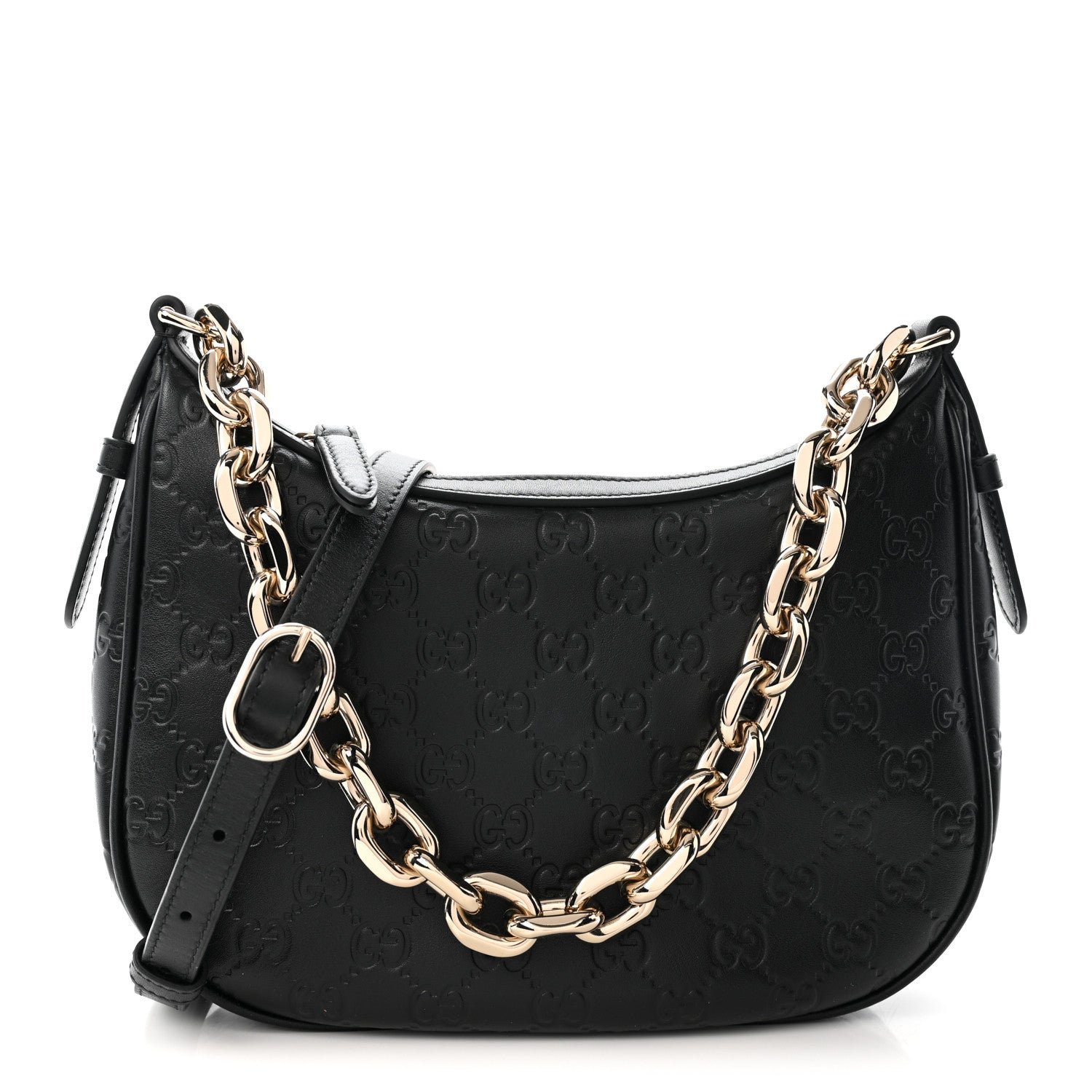 Gucci GG Calfskin Embossed Emblem Medium Half Moon Shoulder Bag Black