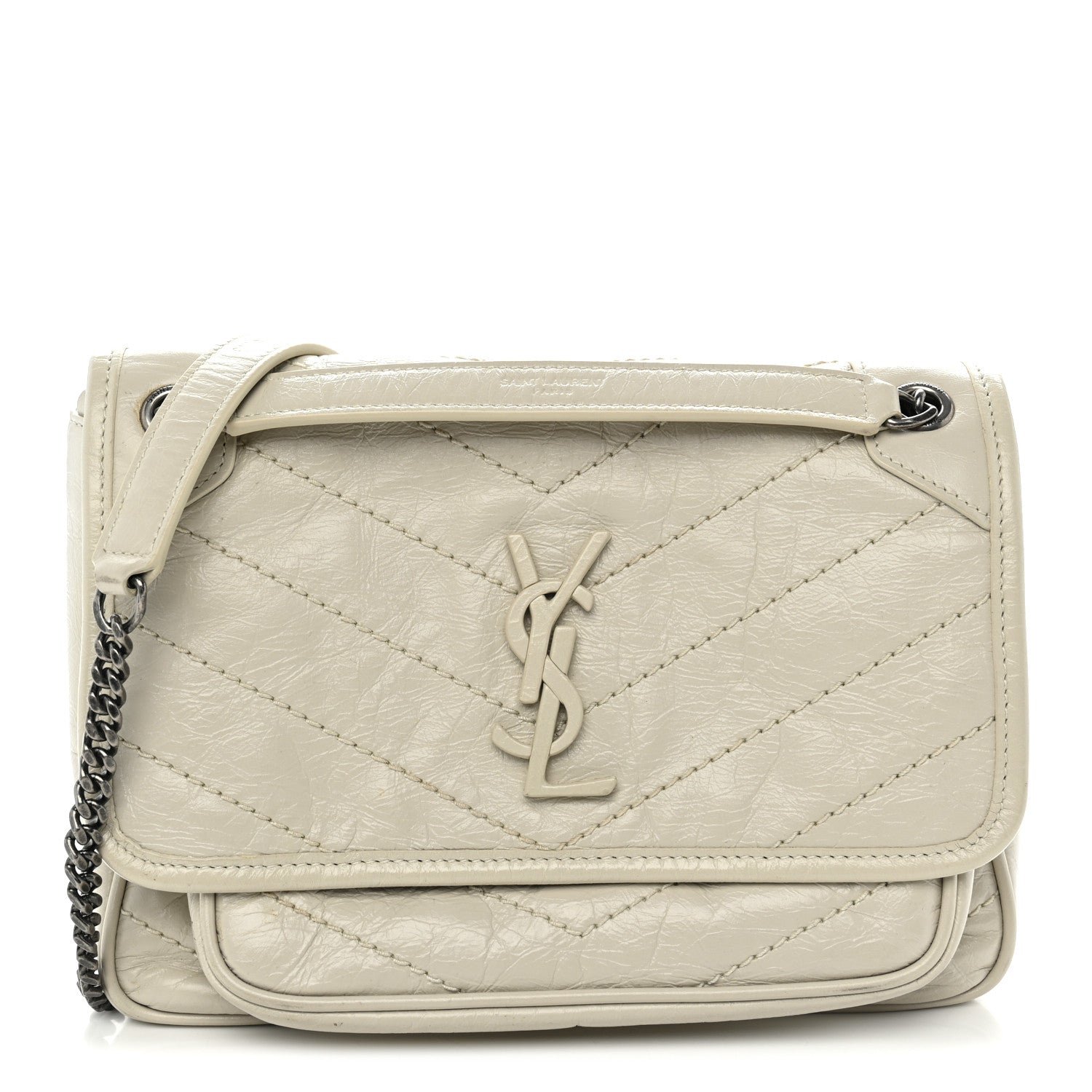 Saint Laurent Crinkled Calfskin Matelasse Monogram Baby Niki Chain Satchel Crema Soft