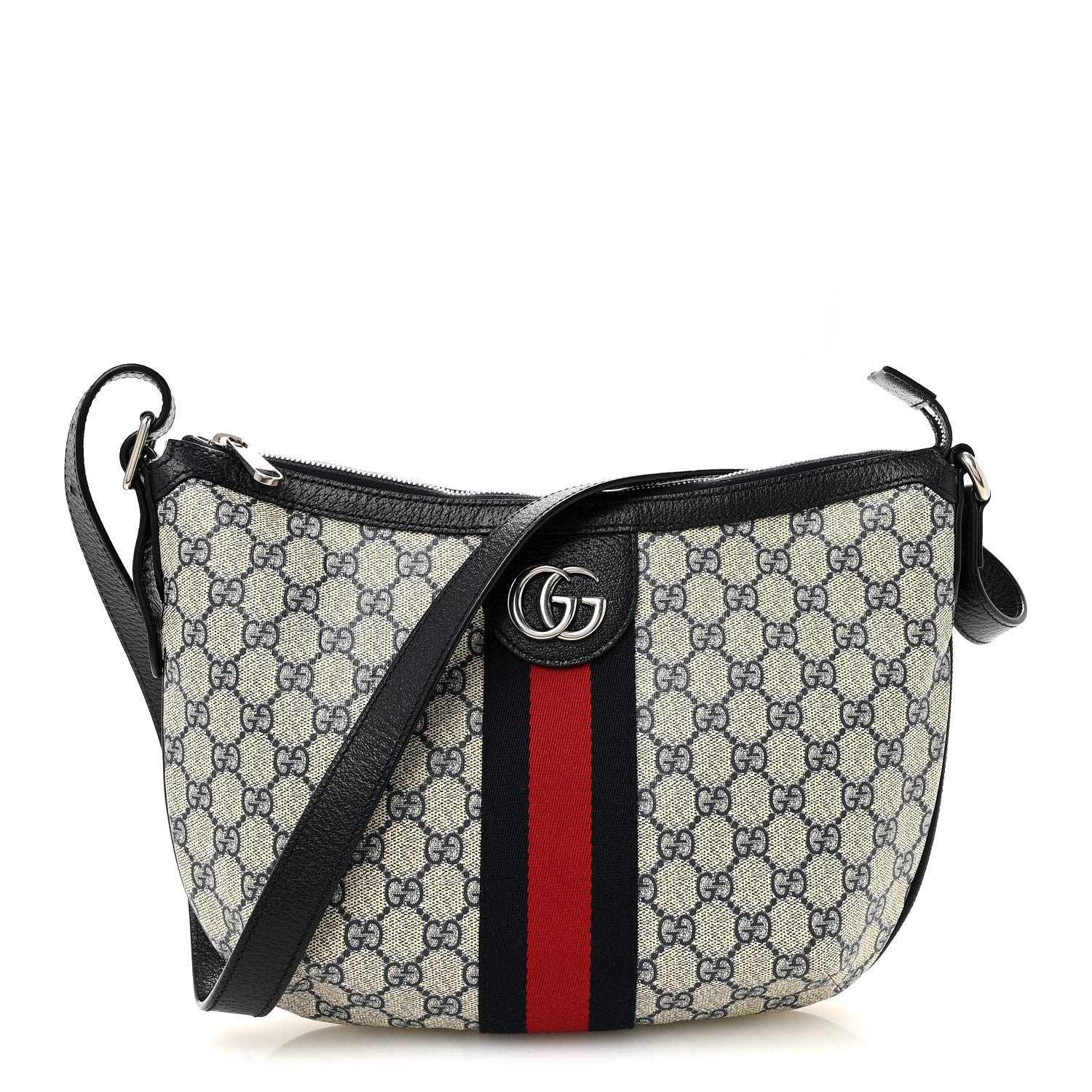 Gucci GG Supreme Monogram Textured Dollar Calfskin Web Small Ophidia Half Moon Hobo Beige Blue