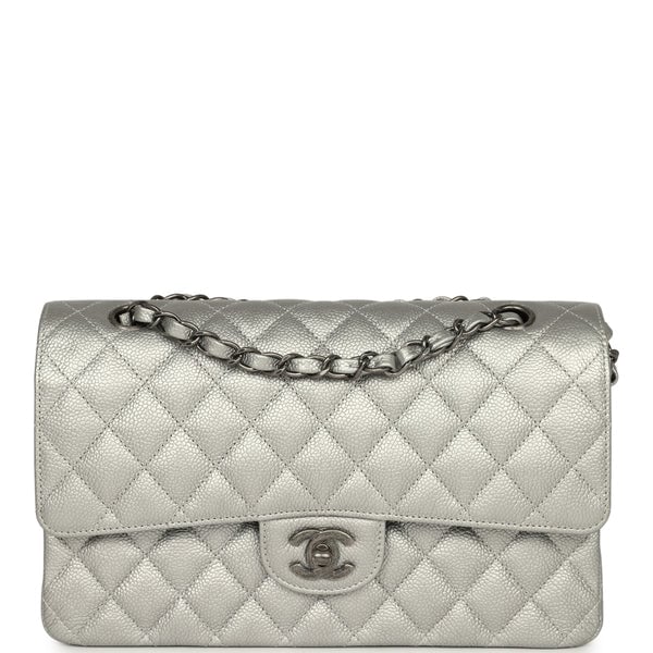 Chanel Medium Classic Double Flap Bag Metallic Silver Caviar Aged Ruthenium Hardware