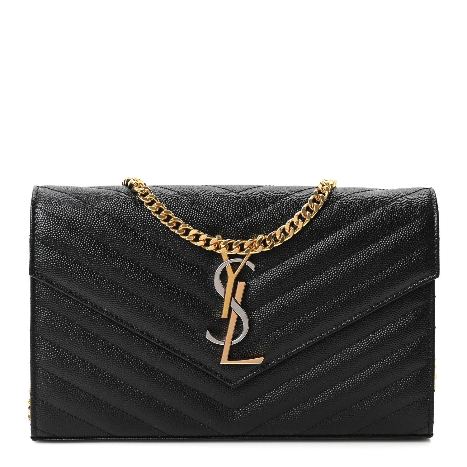 Saint Laurent Grain De Poudre Matelasse Chevron Monogram Chain Wallet Black
