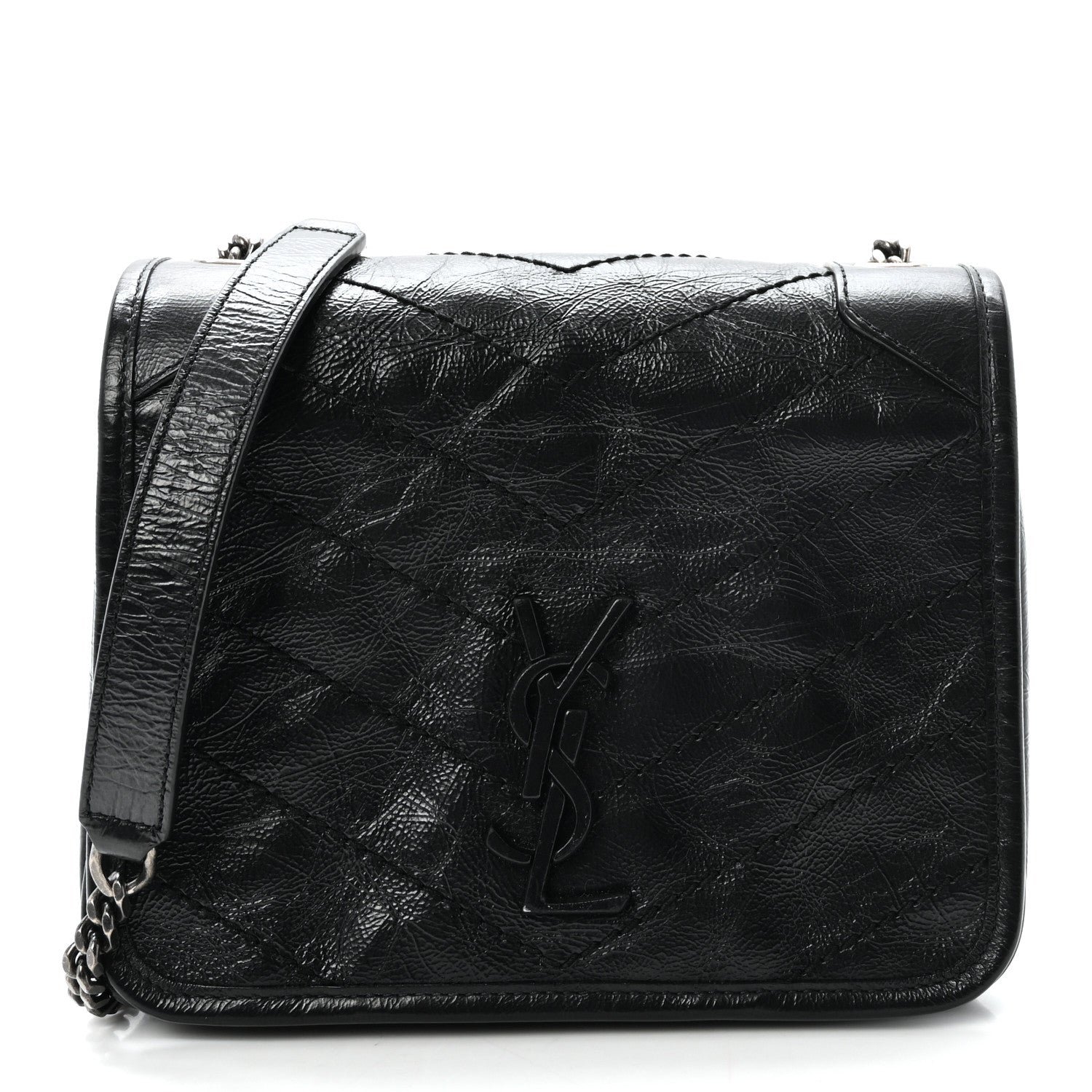 Saint Laurent Crinkled Calfskin Matelasse Monogram Niki Chain Wallet Black