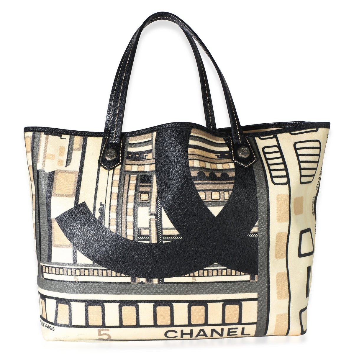 Black White Canvas Le Train Shopping Tote