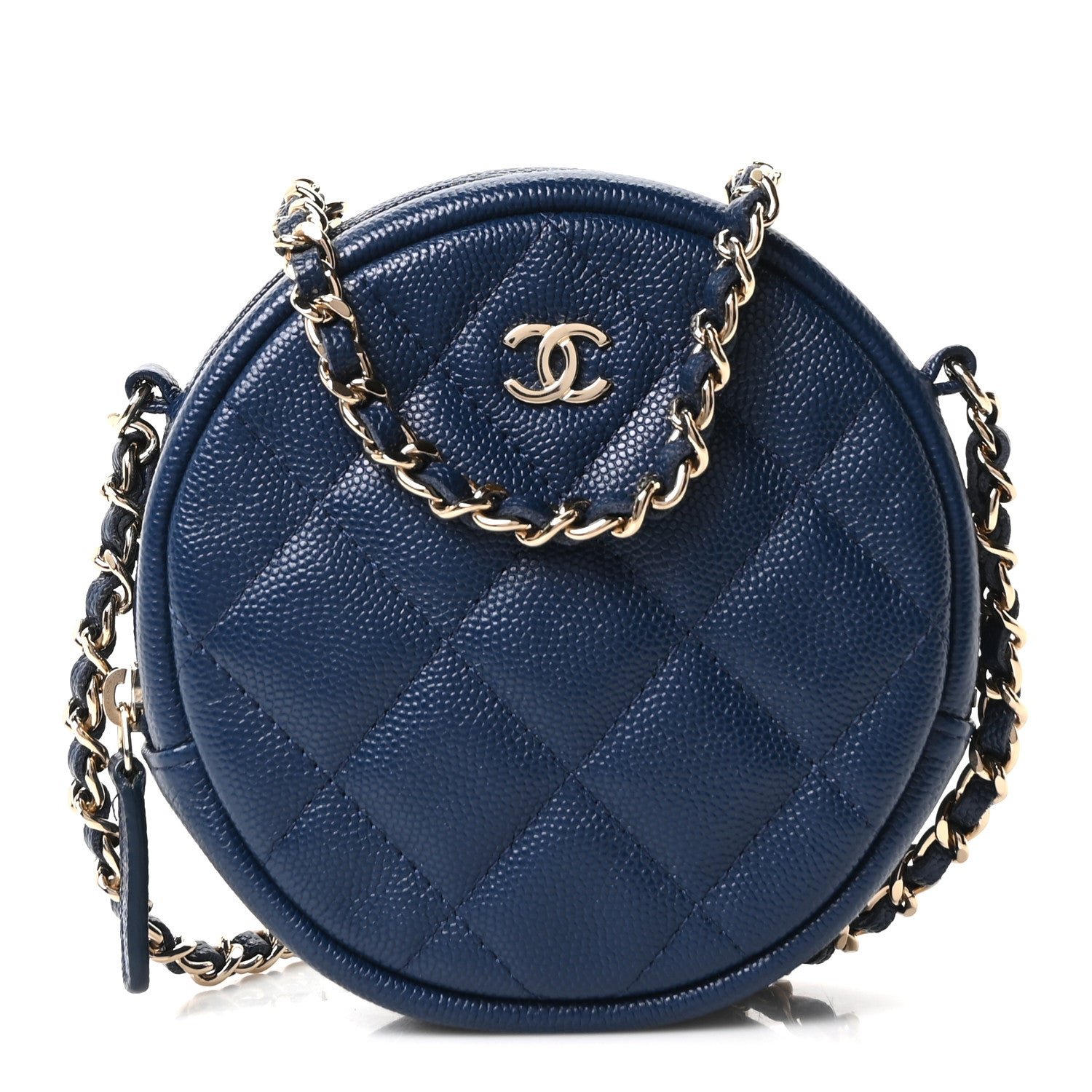 Chanel Caviar Quilted Round Clutch With Chain Navy