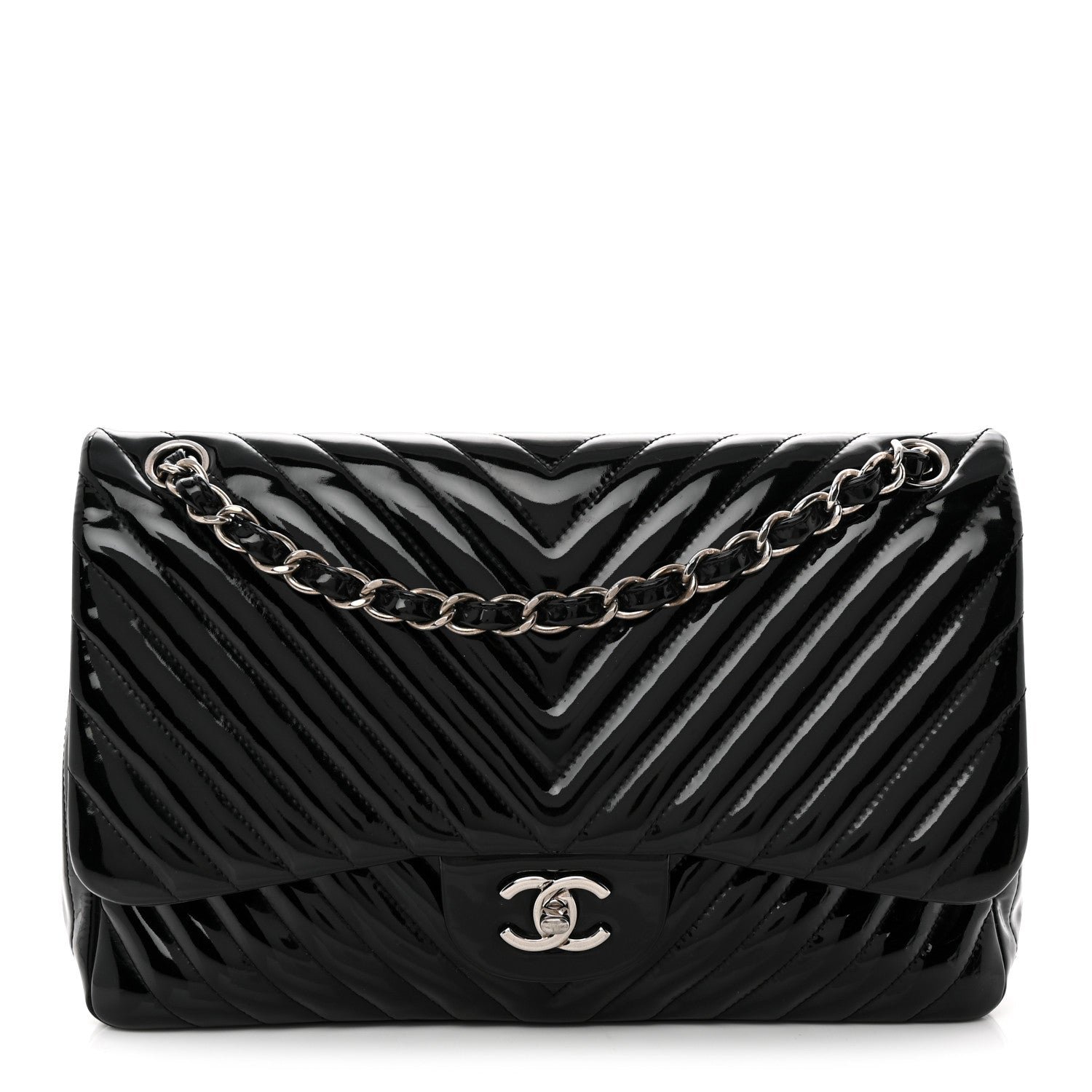 Chanel Patent Chevron Quilted Jumbo Double Flap Black