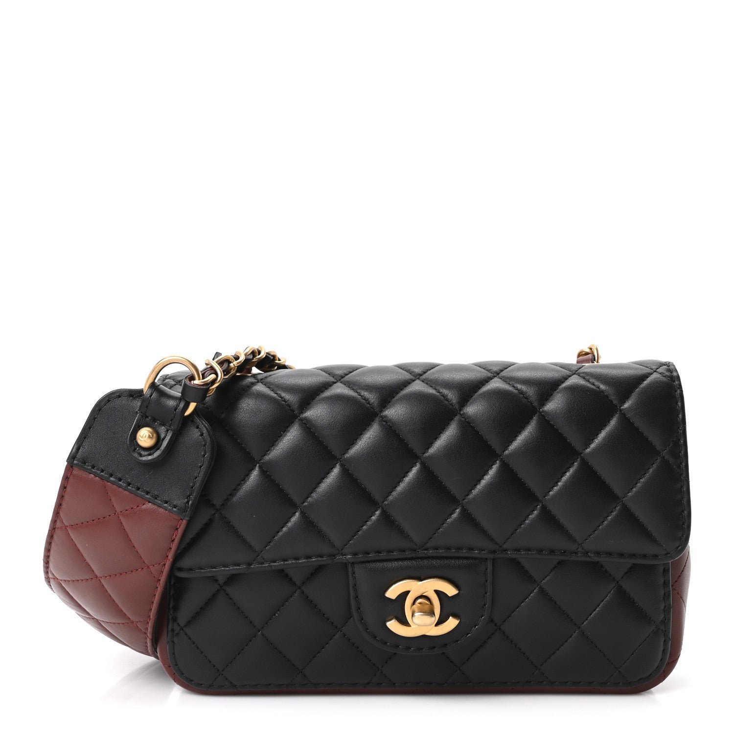 Chanel Calfskin Quilted Small Strap Into Flap Bag Black Burgundy