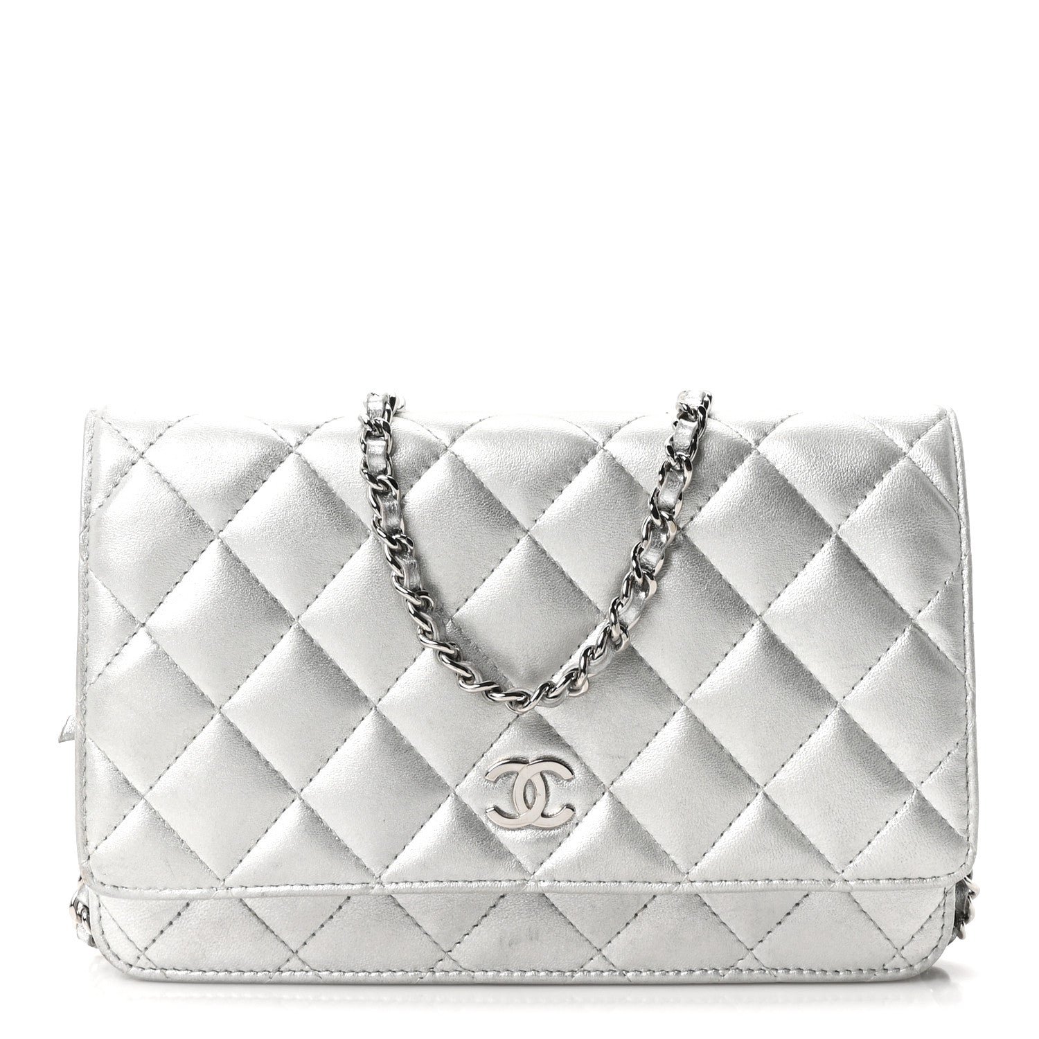 Chanel Metallic Lambskin Quilted Wallet On Chain WOC Silver