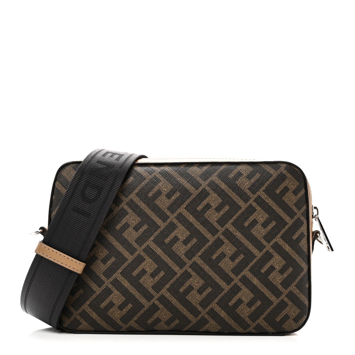 Fendi Glazed Fabric Vitello Cover FF 1974 Diagonal Bi-Color Medium Camera Case Tobacco Moro Sand Black