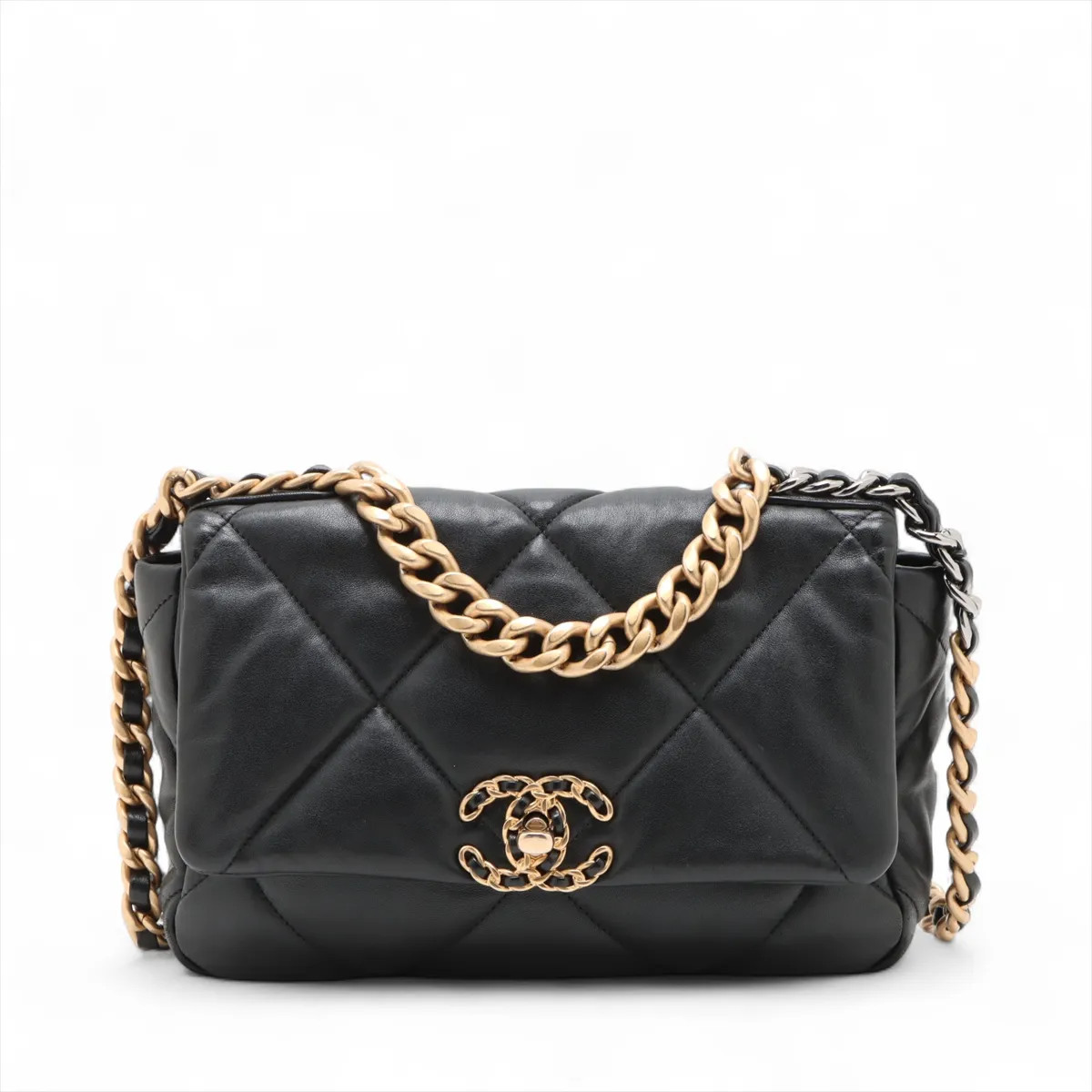 Chanel CHANEL 19 Lambskin Chain Shoulder Bag Black Gold x Silver Metal Fittings