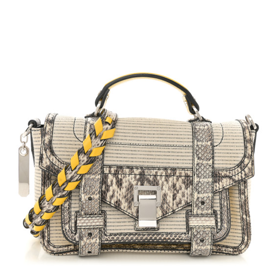 Proenza Schouler Lambskin Snakeskin Canvas Tiny PS1 Satchel Grey Yellow