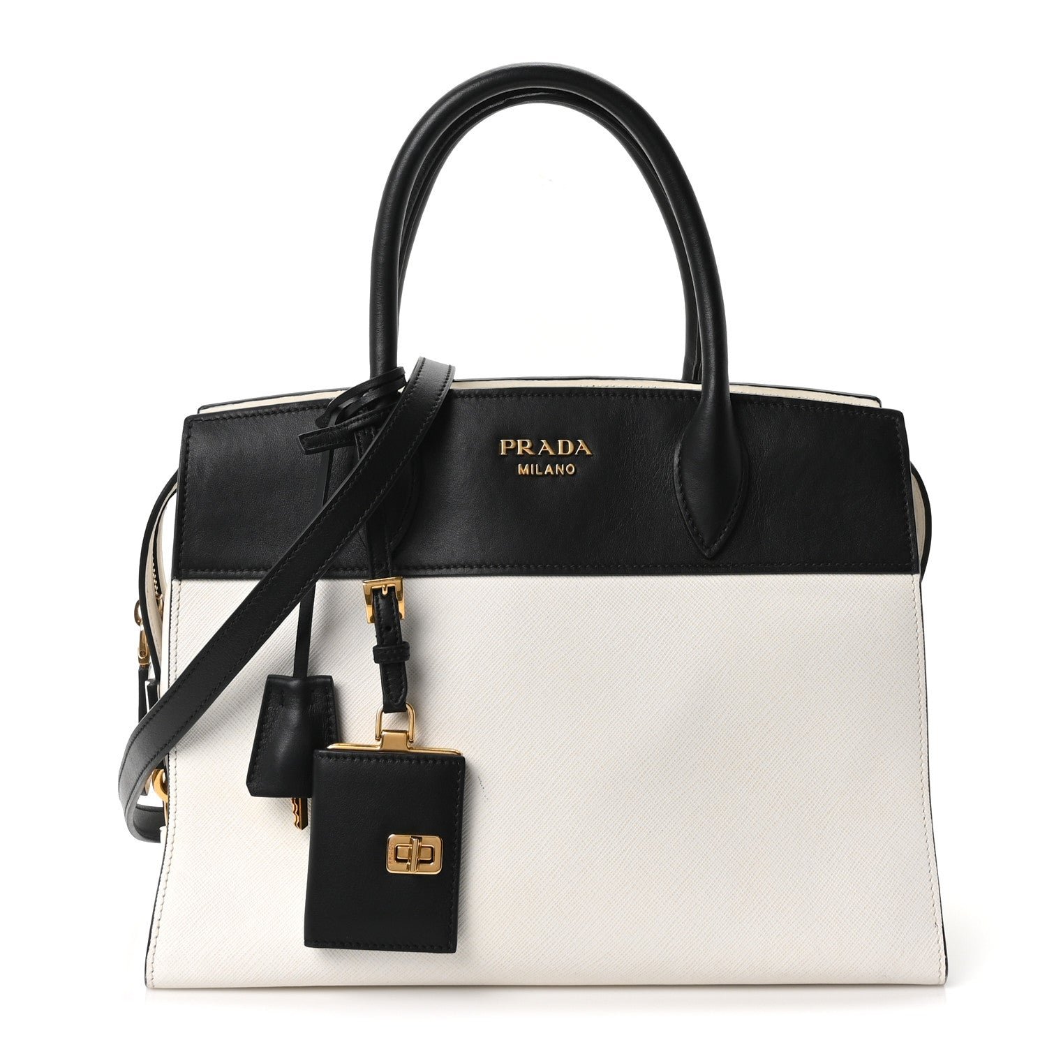 Prada Saffiano City Calfskin Medium Esplanade White Black