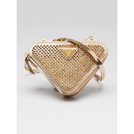 Prada Gold Satin Tessuto Re-Nylon and Crystal Triangle Mini Pouch Crossbody Clutch Bag 1NR015