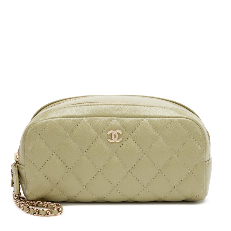 Light Army Green Quilted Caviar Double Zip Cosmetic Pouch with Chain Light Gold Hardware, 2024