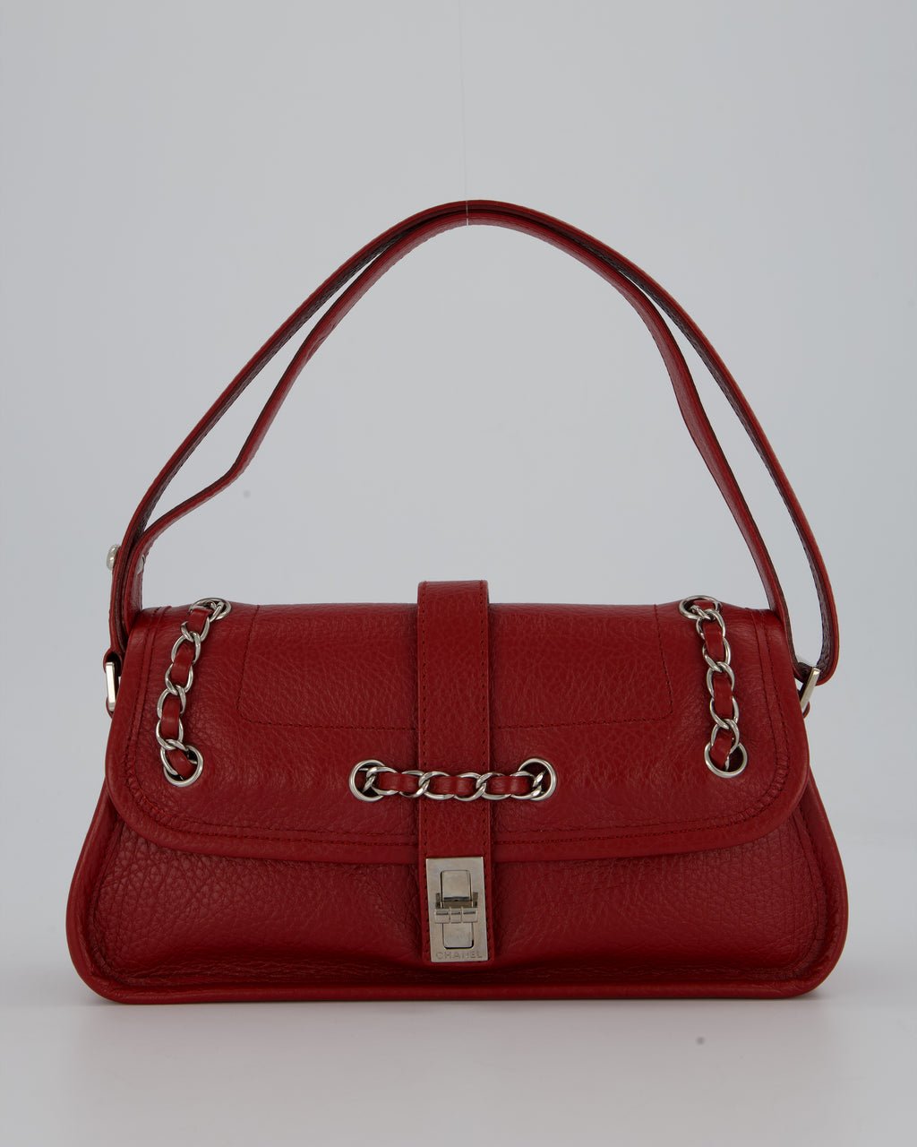 Chanel Mademoiselle Lock Flap Shoulder Bag in Red Grained Calfskin Leather with Silver Hardware