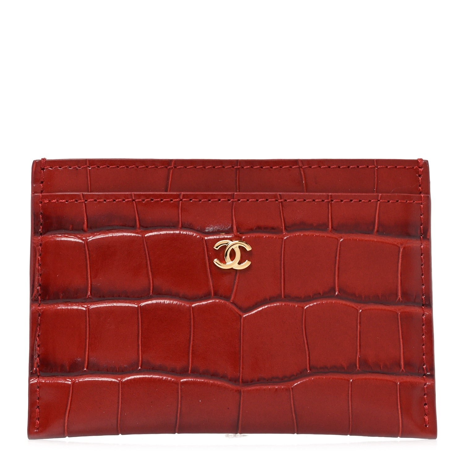 Calfskin Crocodile Embossed Crococo Card Holder Burgundy