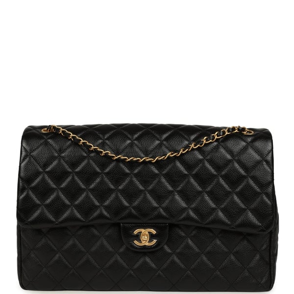 Chanel XXL Classic Single Travel Flap Bag Black Shiny Aged Calfskin Brushed Gold Hardware