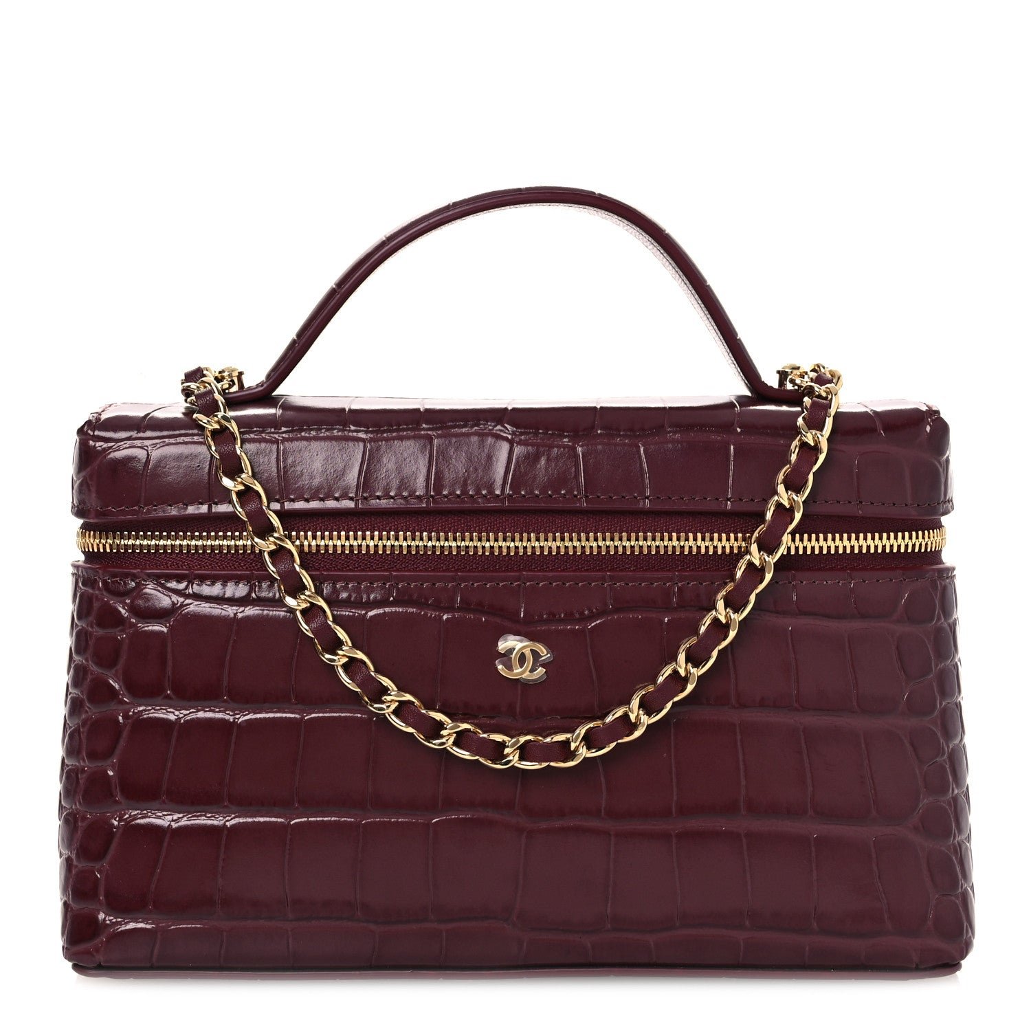Chanel Calfskin Crocodile Embossed Crococo Top Handle Slim Vanity Case With Chain Dark Burgundy