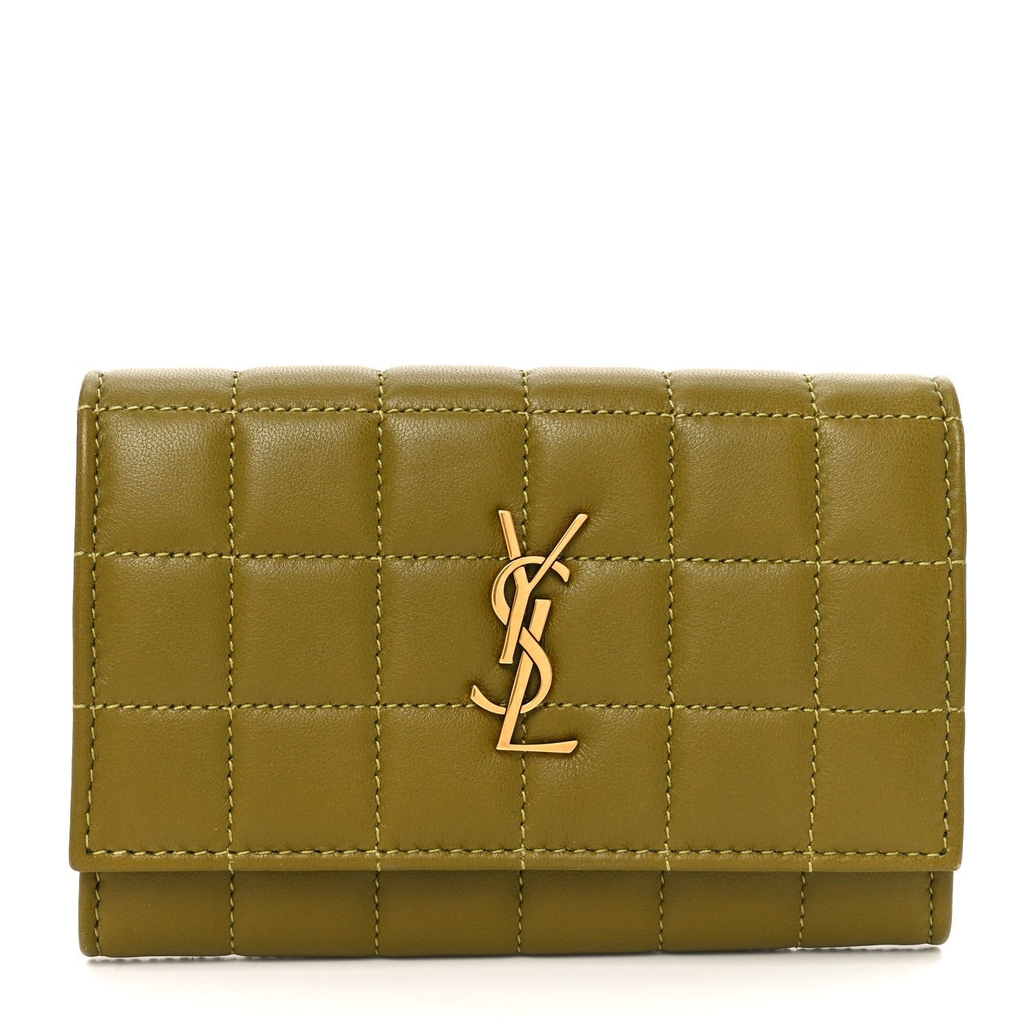 Saint Laurent Lambskin Carre Quilted Cassandre Small Envelope Wallet Olive Drab