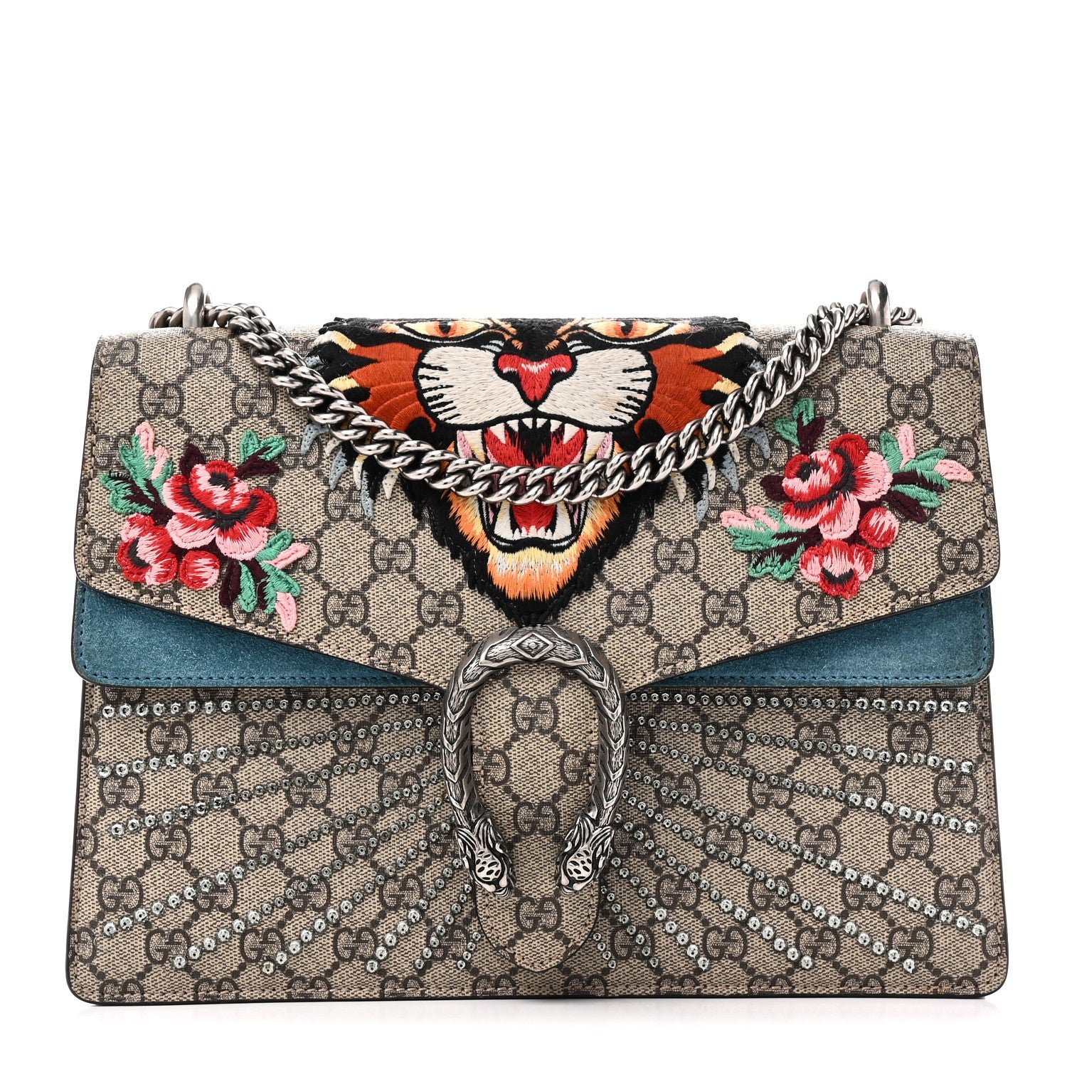Gucci GG Supreme Monogram Angry Cat Embroidered Medium Dionysus Shoulder Bag Beige Ultramarine