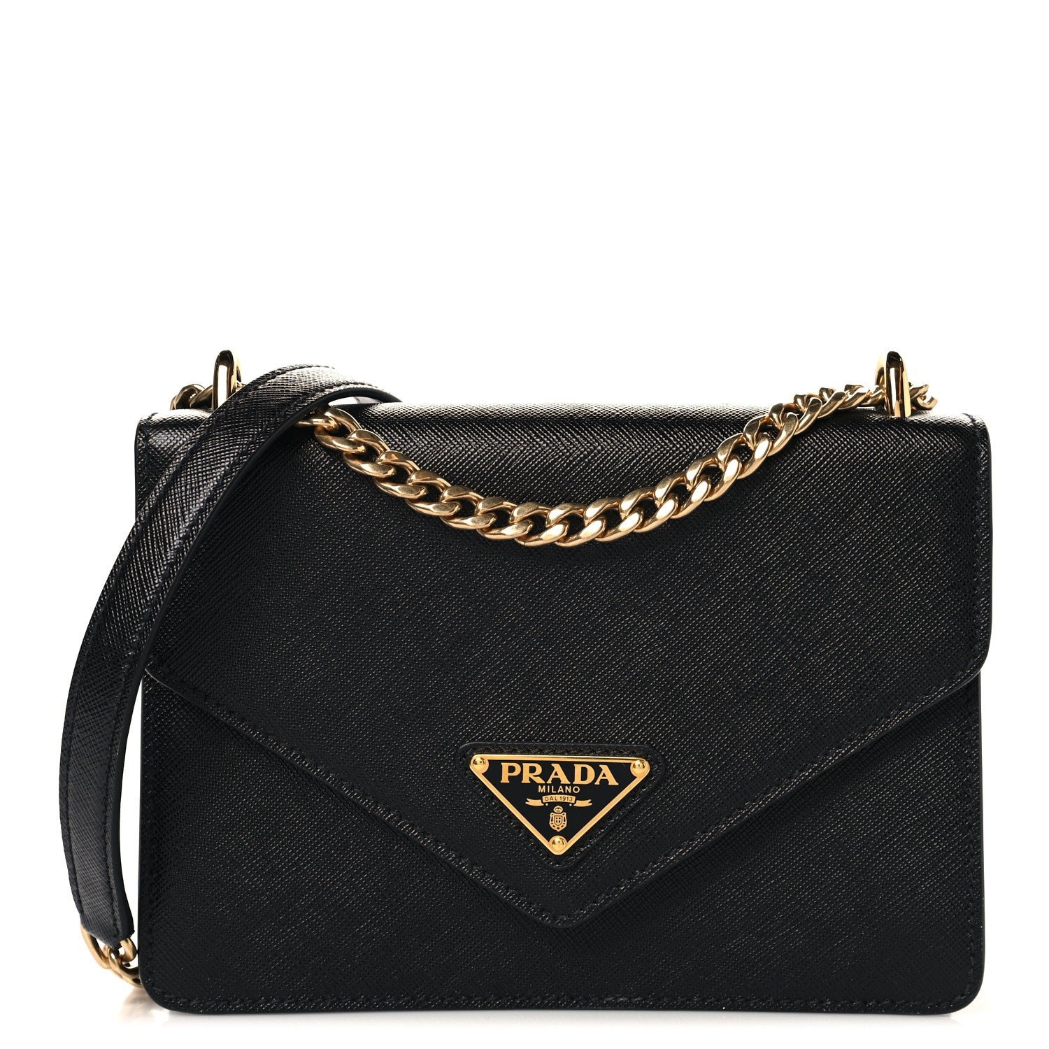 Prada Saffiano Soft Calfskin Metal Triangle Logo Envelope Chain Shoulder Bag Black