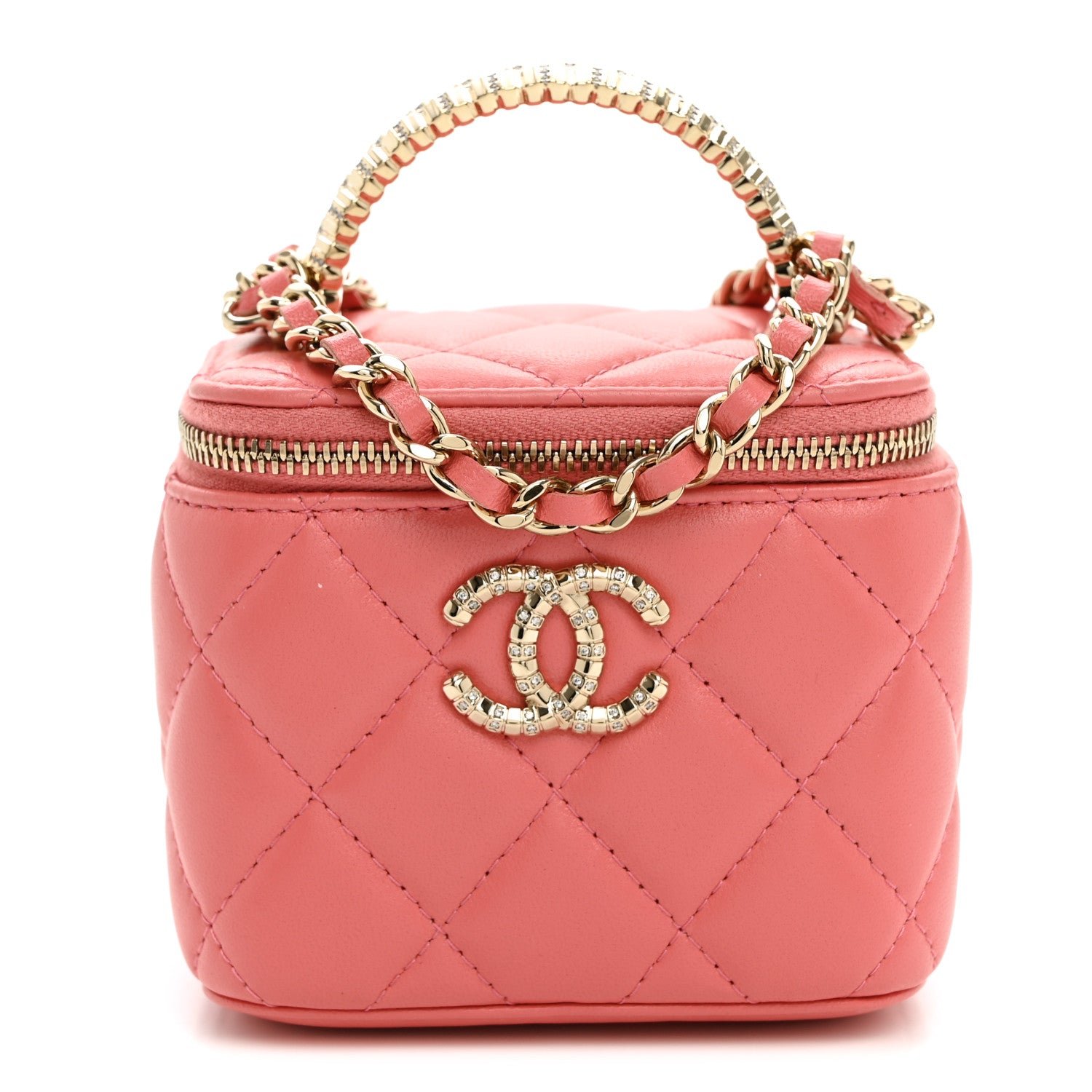 Chanel Lambskin Quilted Crystal Top Handle Mini Vanity Case With Chain Coral