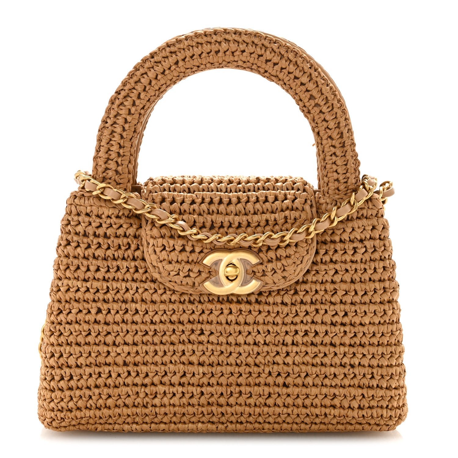 Chanel Braided Raffia Nano Kelly Flap Bag Dark Beige