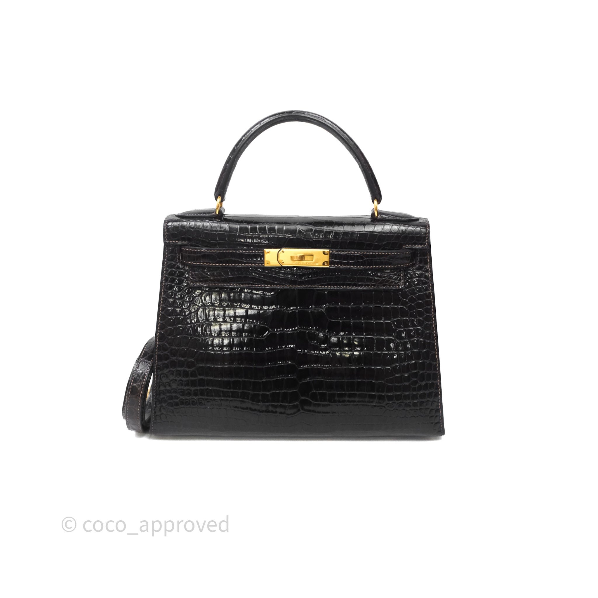 Hermès Vintage Kelly 28 Sellier Ebene 46 Shiny Porosus Crocodile Gold Hardware