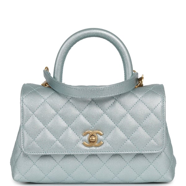 Chanel Small Coco Handle Flap Bag Light Blue Iridescent Caviar Antique Gold Hardware