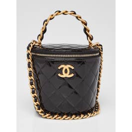 Chanel Black Quilted Patent Leather Afternoon Tea Top Handle Vanity Case With Chain Bag