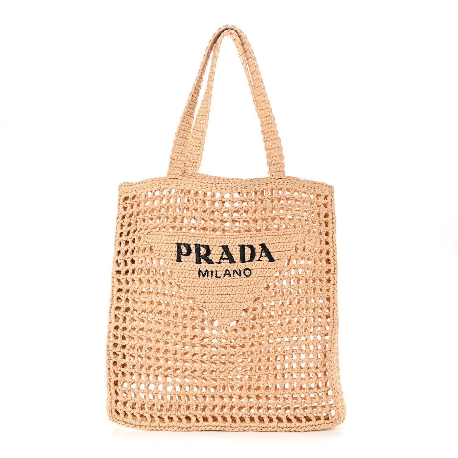 Prada Yarn Raffia Effect Crochet Logo Embroidered Tote Bag Naturale