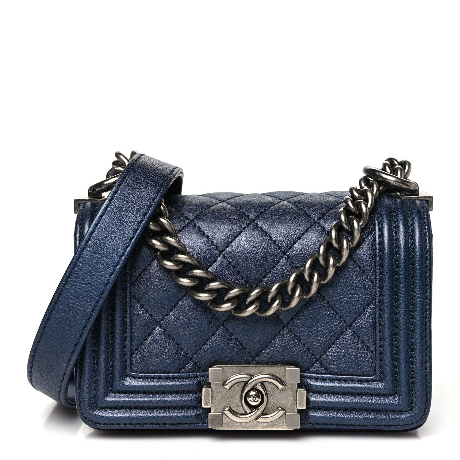 Chanel Metallic Calfskin Quilted Mini Boy Flap Blue