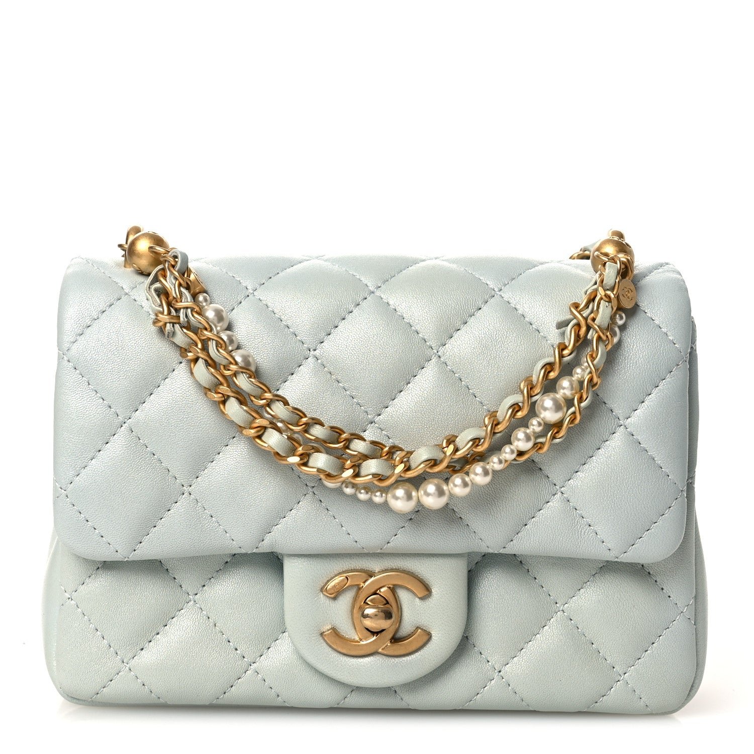 Chanel Shiny Lambskin Quilted Pearl Twist Mini Square Flap Light Blue