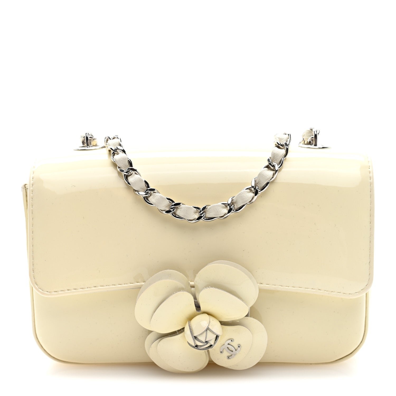 Chanel Patent Calfskin Small Camellia Single Flap White