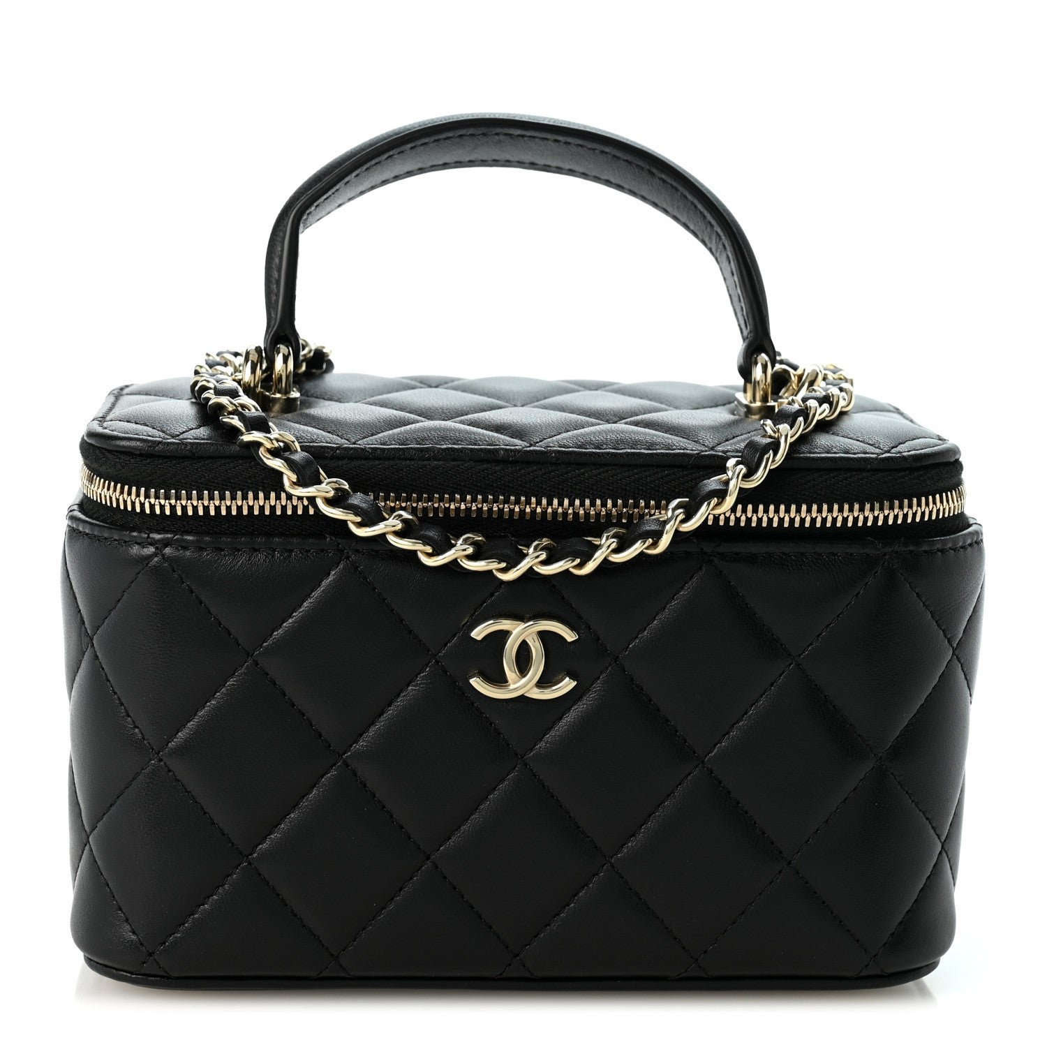 Chanel Lambskin Quilted Small Top Handle Vanity Case With Chain Black
